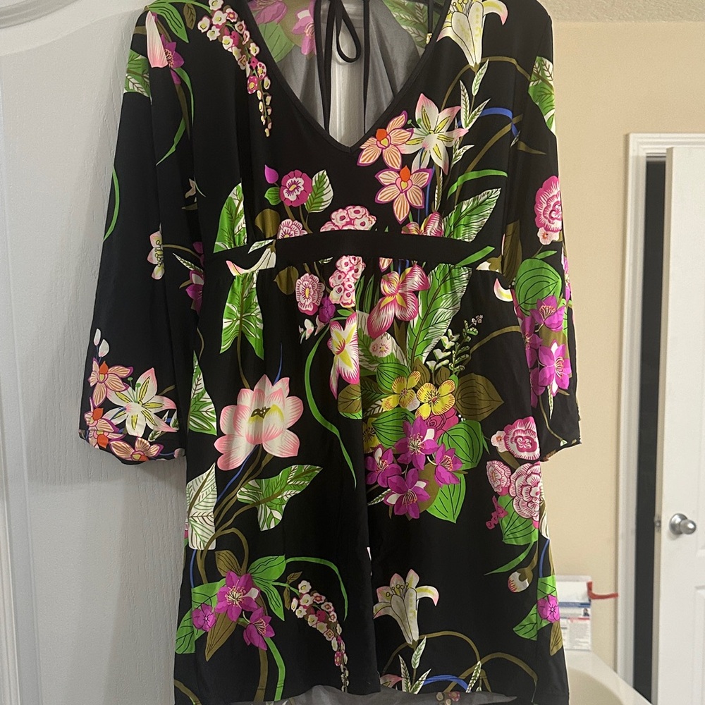 Trina Turk Black Dress with Pink and Orange Floral Design